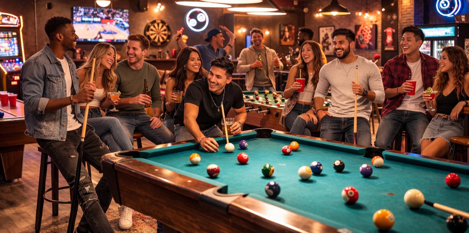 Friends gathered around a pool table
