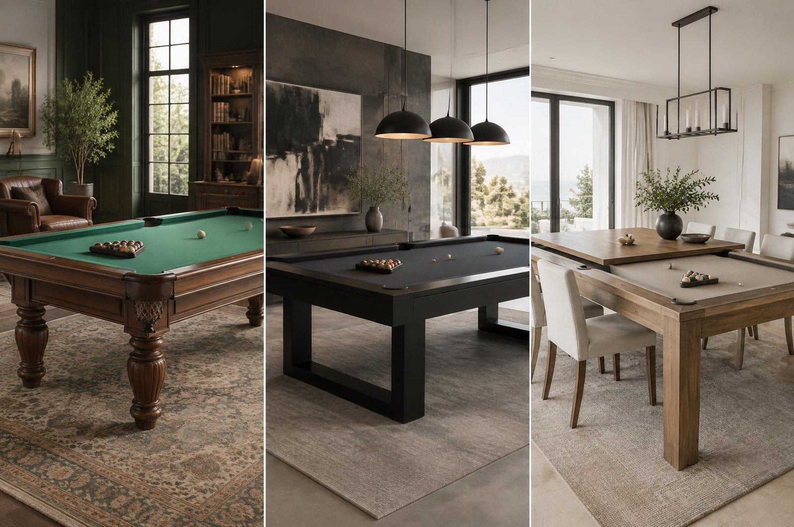 Classic, modern, and convertible pool tables in finished rooms