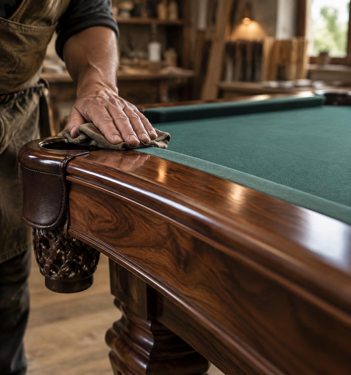 A craftsperson finishing the rail of a pool table